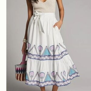 Anthropologie Magda White and Purple Embroidered Maxi Skirt Sz M